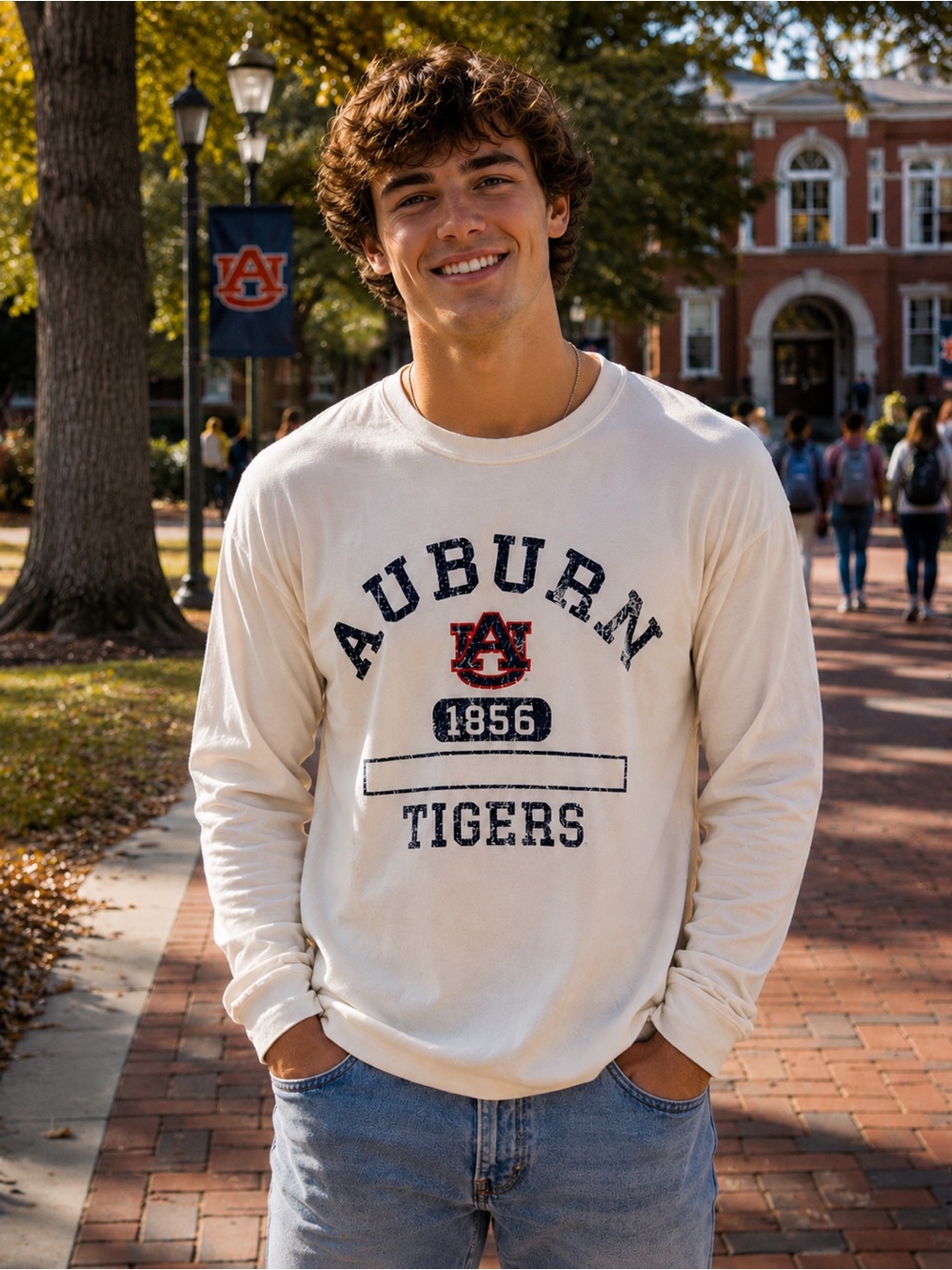Blue 84 Auburn Tigers Cream Long-Sleeve Graphic Tee